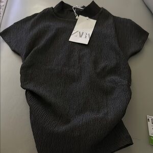 NWT Zara Dark Gray  Ribbed Blouse with Mandarin Collar